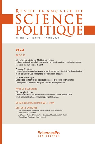 Emprunter Revue française de science politique Volume 70 N° 2, avril 2020 livre