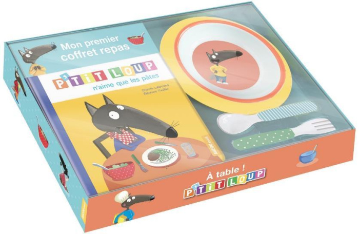 Emprunter P'tit Loup : Mon premier coffret repas. Le livre P'tit loup n'aime que les pâtes avec une assiette, livre