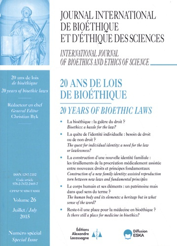 Emprunter Journal International de Bioéthique Volume 26 N° spécial juillet 2015 : 20 ans de lois de bioéthique livre