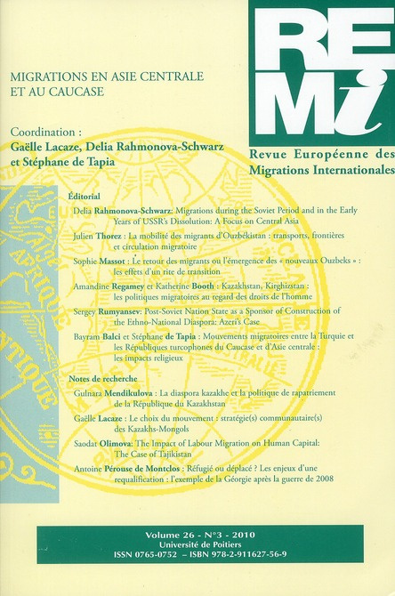 Emprunter Revue européenne des migrations internationales Volume 26 N° 3/2010 : Migrations en Asie centrale et livre