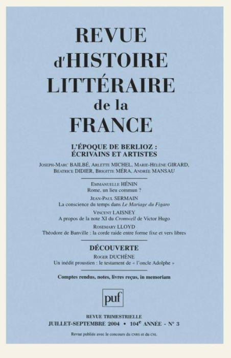 Emprunter RHLF 2004, n° 3. L'époque de Berlioz : Écrivains & Artistes livre