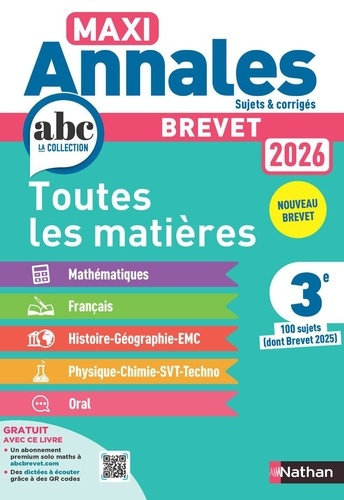 Emprunter Brevet 3e toutes les matières Maxi Annales. 100 sujets (dont Brevet 2025), Edition 2026 livre