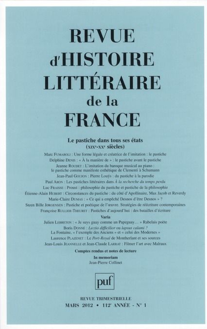 Emprunter Revue d'histoire littéraire de la France N° 1, Mars 2012 : Le pastiche dans tous ses états (XIXe-XXe livre