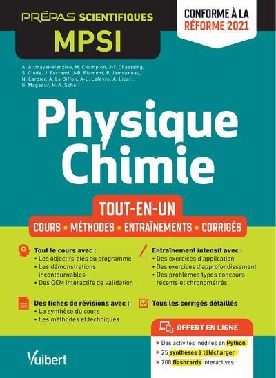 Emprunter Physique Chimie MPSI tout-en-un. Cours, méthodes, entraînements, corrigés, Edition 2021 livre