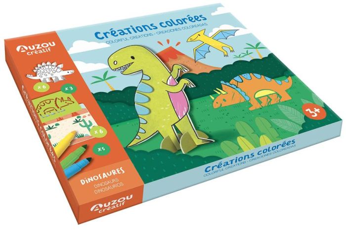 Emprunter Créations colorées dinosaures. Avec 3 pochoirs, 6 papertoys à colorier, 6 décors, 5 feutres, du fil livre