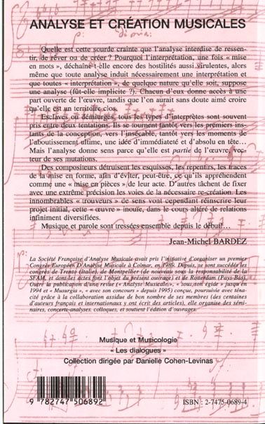 Emprunter Analyse et création musicales. Actes du Troisième Congrès Européen d'Analyse Musicale, Montpellier 1 livre