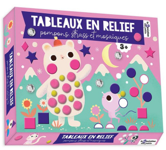 Tableaux en relief, pompons, strass et mosaïques. Coffret avec 3 planches de gommettes, 40 pompons,