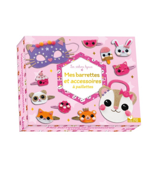 Mes barrettes et accessoires à paillettes. Avec 4 barrettes roses et 4 barrettes dorées, 1 sac à déc