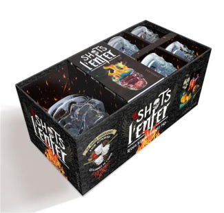 Shots de l'enfer. Coffret avec 1 carafe en forme de tête de mort et 4 verres à shots assortis