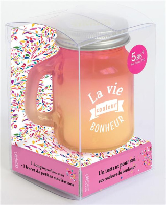 La vie couleur bonheur en rose et jaune. Coffret avec 1 bougie parfum coton   1 livret de petites mé