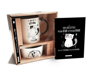 On est félins pour l'autre. Avec un mug en céramique, une gamelle en céramique et un livre de recett