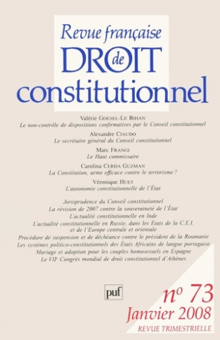 Revue française de Droit constitutionnel N° 73, Janvier 2008