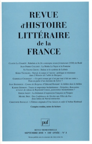 Revue d'histoire littéraire de la France N° 3, Septembre 2008