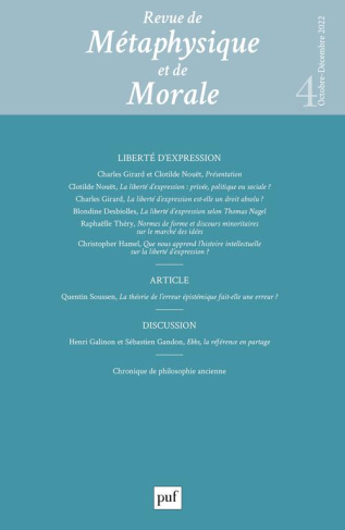 Revue de Métaphysique et de Morale N° 4, octobre-décembre 2022 : Liberté d'expression