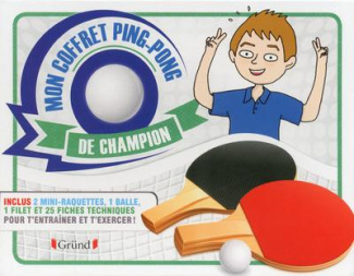 Mon coffret ping-pong de champion. 2 mini-raquettes, 1 balle, 1 filet