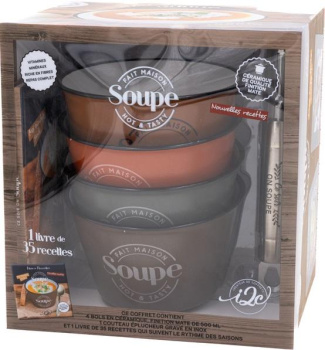 Ce soir, on soupe ! Avec 4 bols en céramique, finition mate de 500 ml, 1 couteau éplucheur gravé en