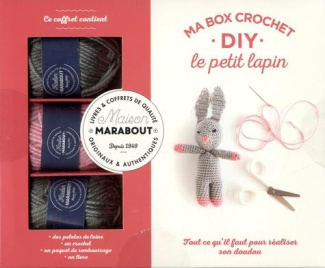 Ma box crochet DIY le petit lapin. Avec 3 petites pelotes, 1 aiguillée de fil noir, 1 crochet, du re