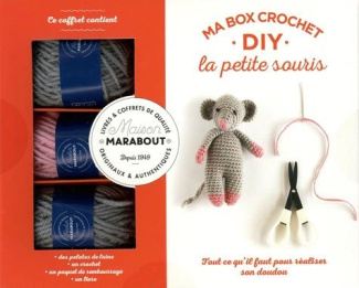 Coffret Ma box crochet DIY La petite souris. Avec 3 petites pelottes, 1 aiguillée de fil noir, 1 cro
