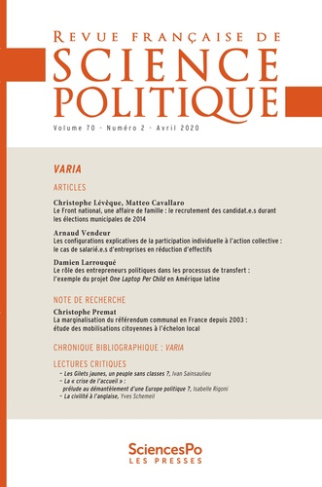 Revue française de science politique Volume 70 N° 2, avril 2020