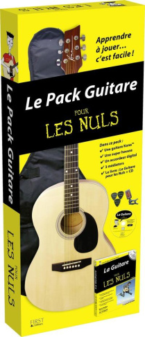 Le pack guitare pour les nuls. Contient 1 guitare, 3 médiators, 1 housse et 1 accordeur digital, ave