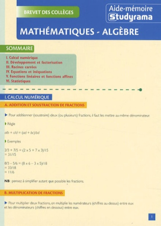 Brevet des collèges Mathématiques-Algèbre