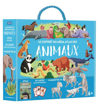 Le coffret du méga atlas des animaux. Contient 1 atlas de 64 pages, 40 cartes questions-réponses et