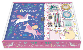 Mon coffret secret licorne. Avec 1 carnet secret, 3 planches de stickers, 1 cordon avec fermoir, 3 s