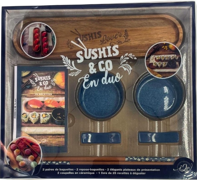 Coffret Sushis & Co en Duo. Coffret avec 2 paires de baguettes, 2 repose-baguettes, 2 plateaux, 2 co