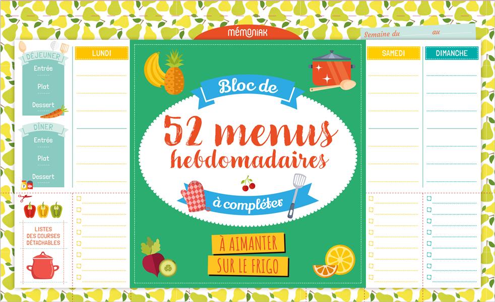 Bloc de 52 menus hebdomadaires à compléter à aimanter sur le frigo. Edition 2021
