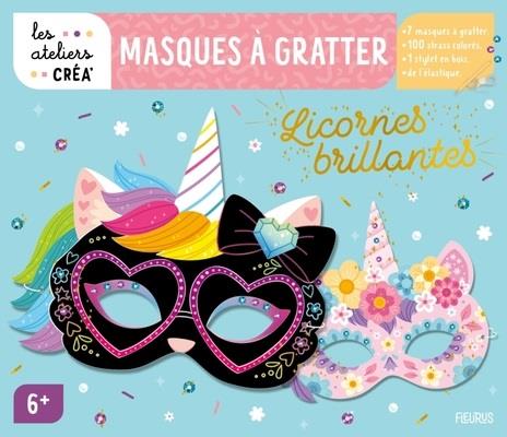 Masques à gratter licornes brillantes. Avec 7 masques, 100 strass colorés, 1 stylet en bois et de l'
