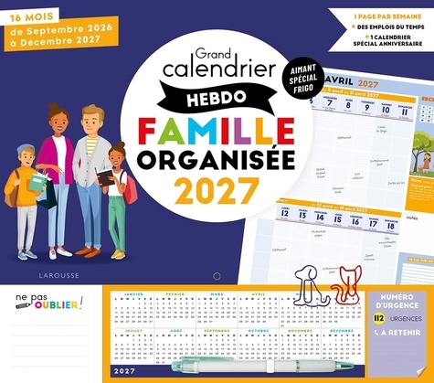 Grand calendrier hebdo famille organisée. Avec 1 stylo et 2 trombones, Edition 2026-2027