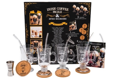 Irish Coffee facile & autres déclinaisons. Coffret avec 4 tasses à Irish Coffe gravées, 4 pailles en