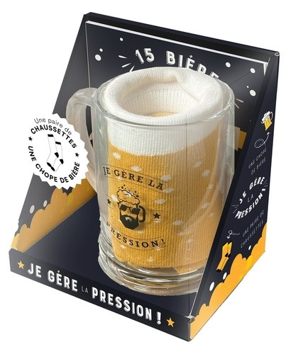 Je gère la pression ! Coffret avec 1 chope à bière, 1 paire de chaussettes et 1 livret de recettes d