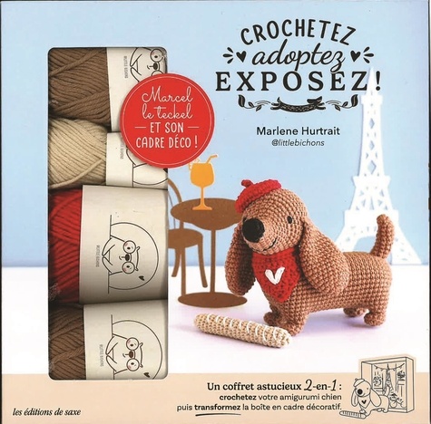 Crochetez, adoptez, exposez ! Marcel le teckel et son cadre déco ! Coffret avec 4 pelotes, 1 crochet