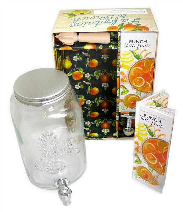 La fontaine à punch. Contient : 1 livre de recettes de punchs aux fruits, 1 fontaine à punch, 1 pres