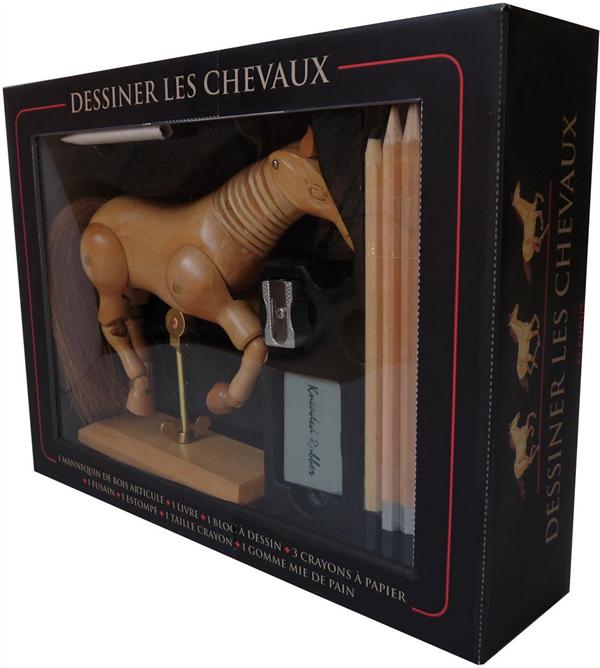 Dessiner les chevaux. 1 livre 1 mannequin de bois articulé 1 bloc à dessin 3 crayons à papier