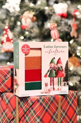 Lutins farceurs en feutrine. Coffret avec 1 livret, 4 feuilles de feutrine, 1 aiguille, 4 boutos en