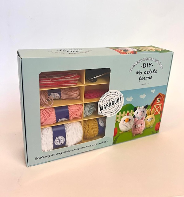 Ma petite ferme. Coffret avec 10 pelotes de fil 100% coton, 1 crochet, du rembourrage, des yeux de s