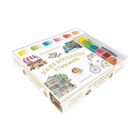 Jolies boutiques à l'aquarelle. Coffret avec 10 planches prêtes-à-peindre, une palette de 6 couleur