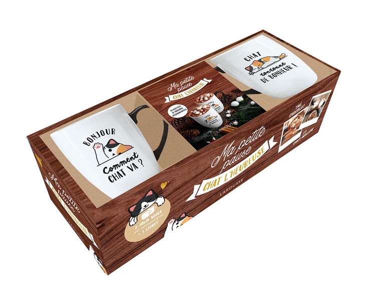 Ma petite pause chat l'heureuse. Coffret avec 2 mugs et 1 livret