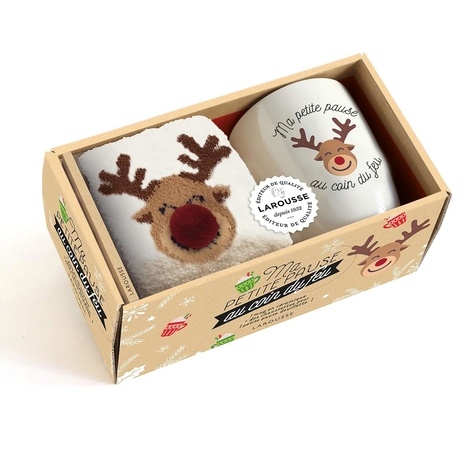 Ma petite pause Noël au coin du feu. Coffret avec 1 joli mug, 1 paire de chaussettes d'intérieur et