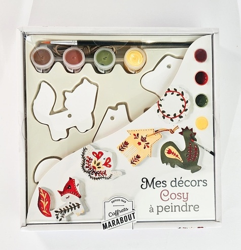 Mes décors Cosy à peindre. Coffret avec 6 décors à peindre, du cordon ciré pour les suspendre, 4 god