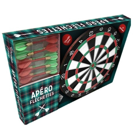 Apéro Fléchettes. Coffret avec 1 cible 2 faces, 10 fléchettes et 1 carnet avec des règles de jeu et