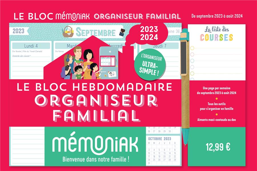 Le bloc hebdomadaire organiseur familial. De septembre 2023 à août 2024 - Avec un stylo aimanté et u