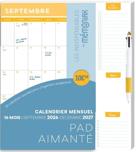 Pad aimanté Calendrier mensuel janvier-décembre. Avec 1 stylo 4 couleurs, Edition 2027