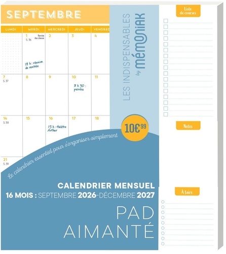 Pad aimanté. Calendrier mensuel 16 mois : septembre 2026-décembre 2027, Edition 2026-2027