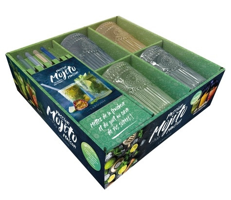 Passion mojito maison. Coffret avec 4 verres à mojito en verre, 4 pailles en verre, 1 goupillon et