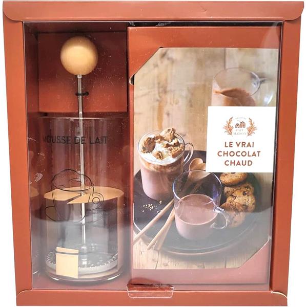 Coffret Le vrai chocolat chaud. Avec 1 mousseur à lait, et 1 livre de près de 10 recettes gourmandes