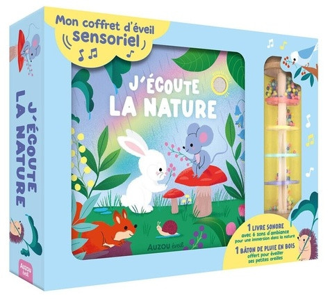 Mon coffret d'éveil sensoriel J'écoute la nature. Avec 1 livre sonore et 1 bâton de pluie