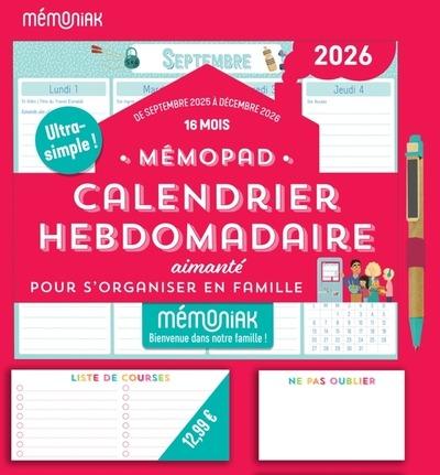 Mémopad calendrier hebdomadaire bloc aimanté pour s'organiser en famille. De septembre 2025 à décemb